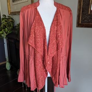 LOGO Lori Goldstein Women's 10 Open Front Jacket Lace Panels Apple Blossom